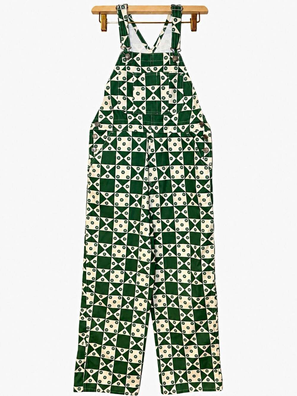 Lisa Says Gah Lucy Overalls M/L Green White Floral Quilt Print Patchwork Denim